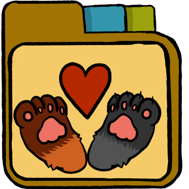 a yellow file folder with a red fox paw and a grey wolf paw cradling a red heart inside 